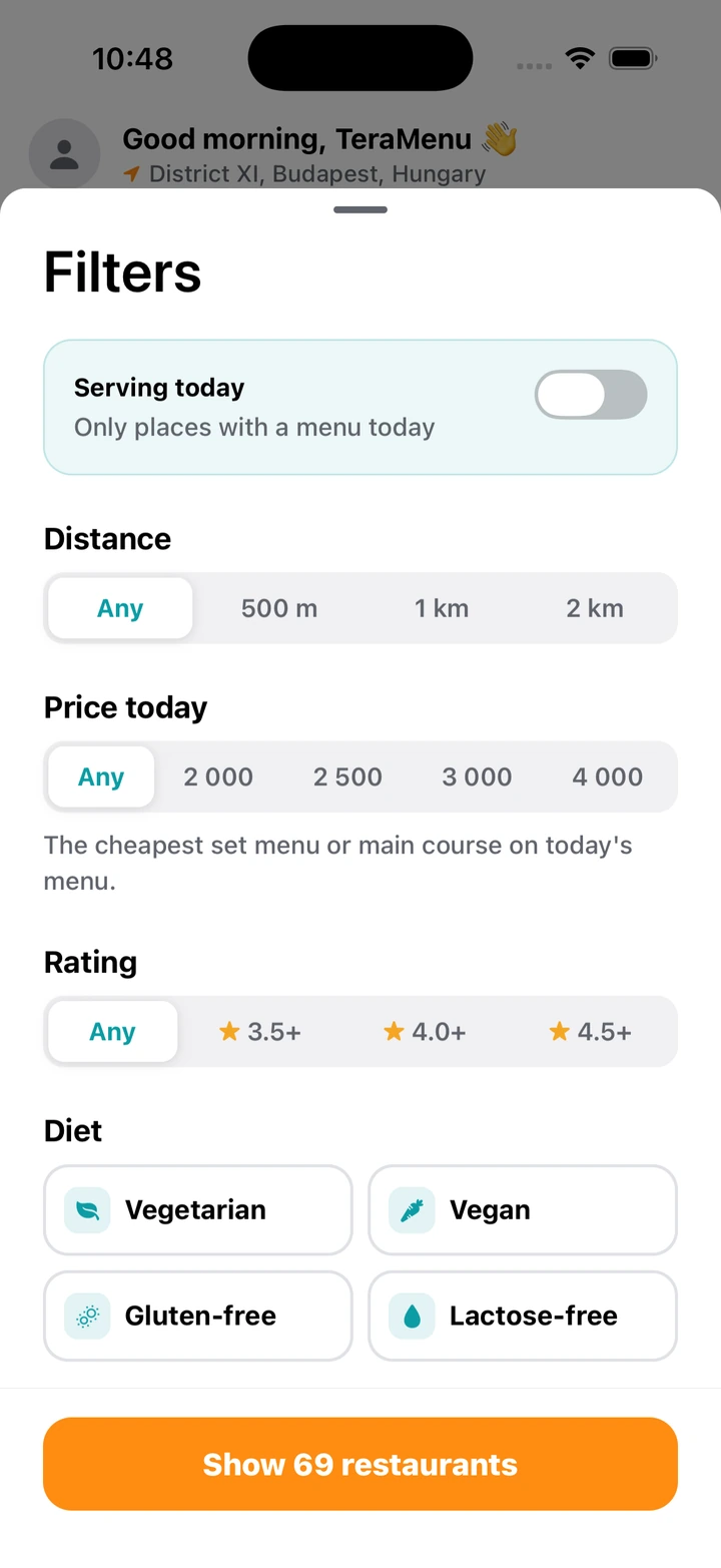 Filters: serving today, distance, price today, rating and diet