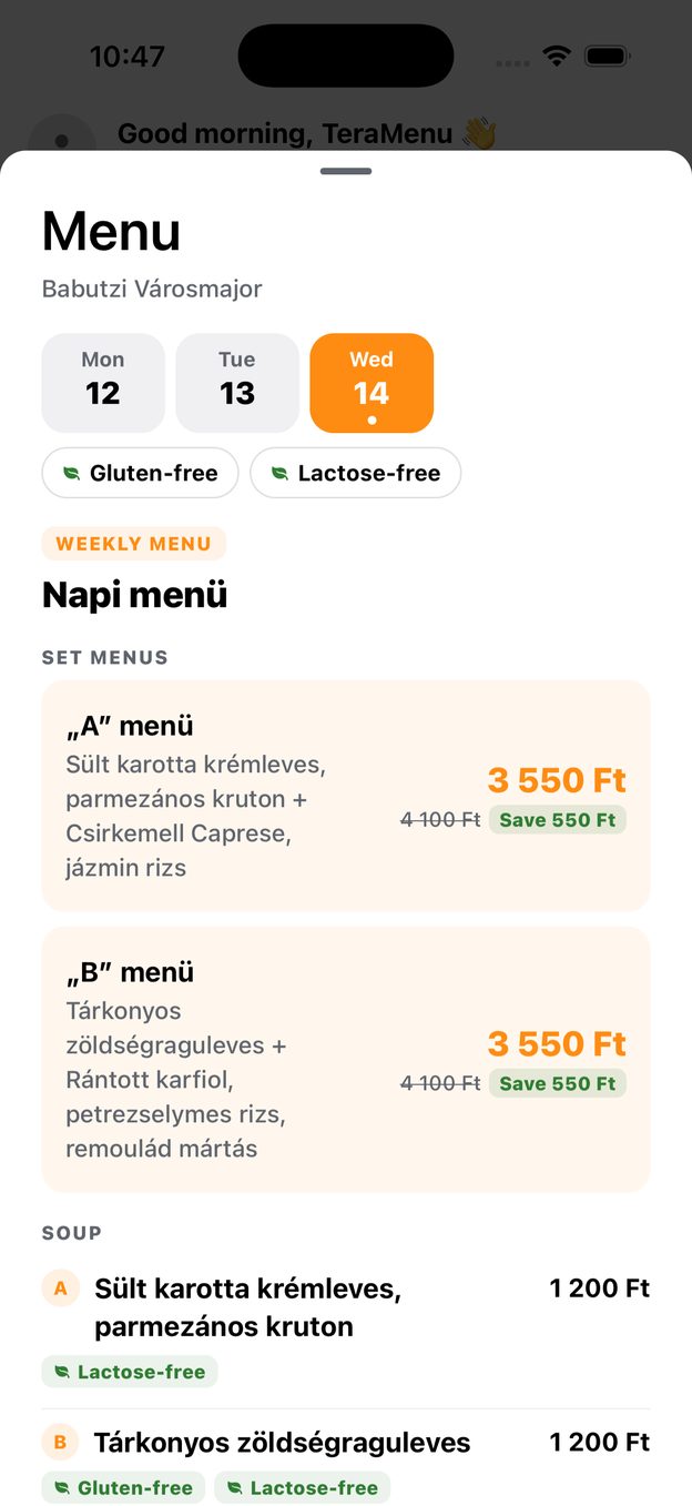 Menú semanal con precios en forintos