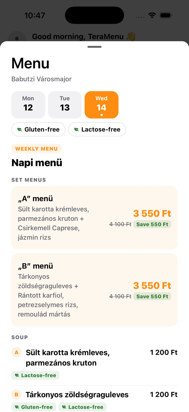 Weekly menu with prices in forints
