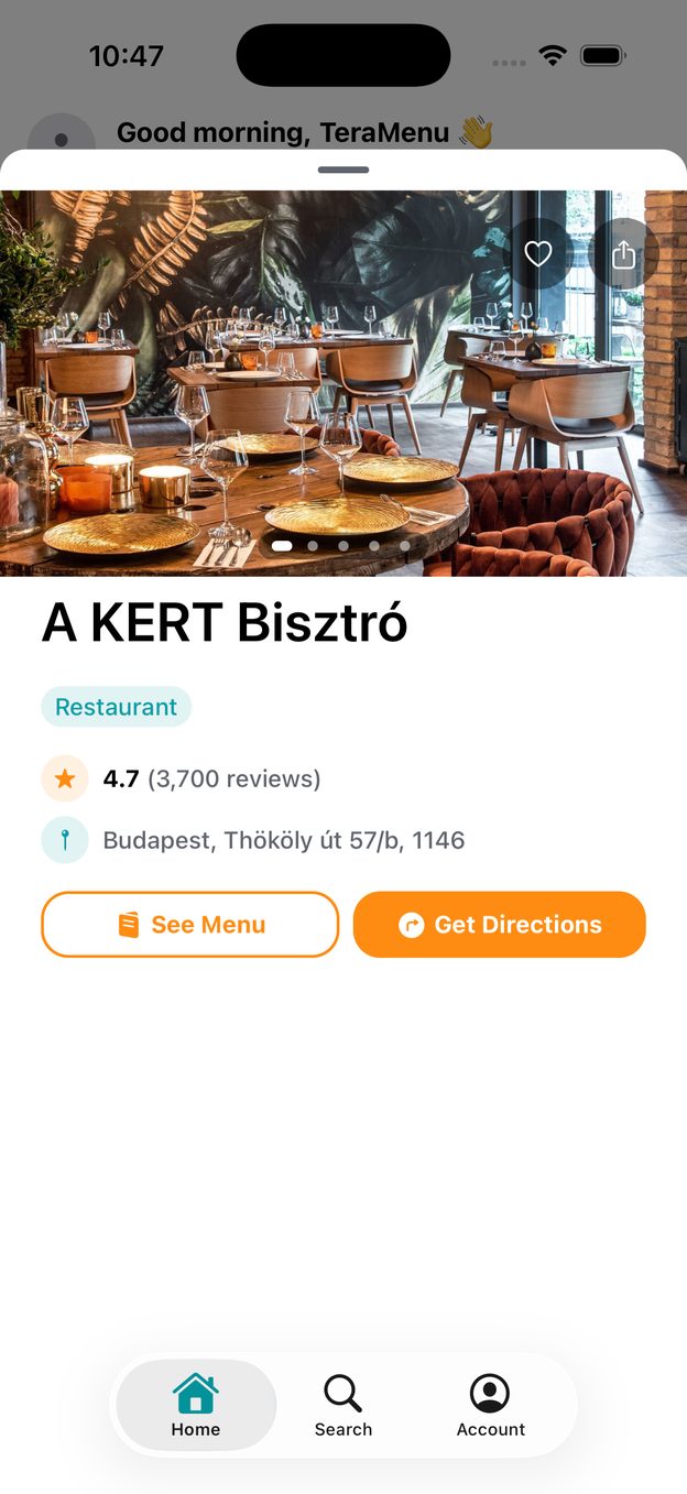 Página de un restaurante con fotos, valoración y botón para llegar